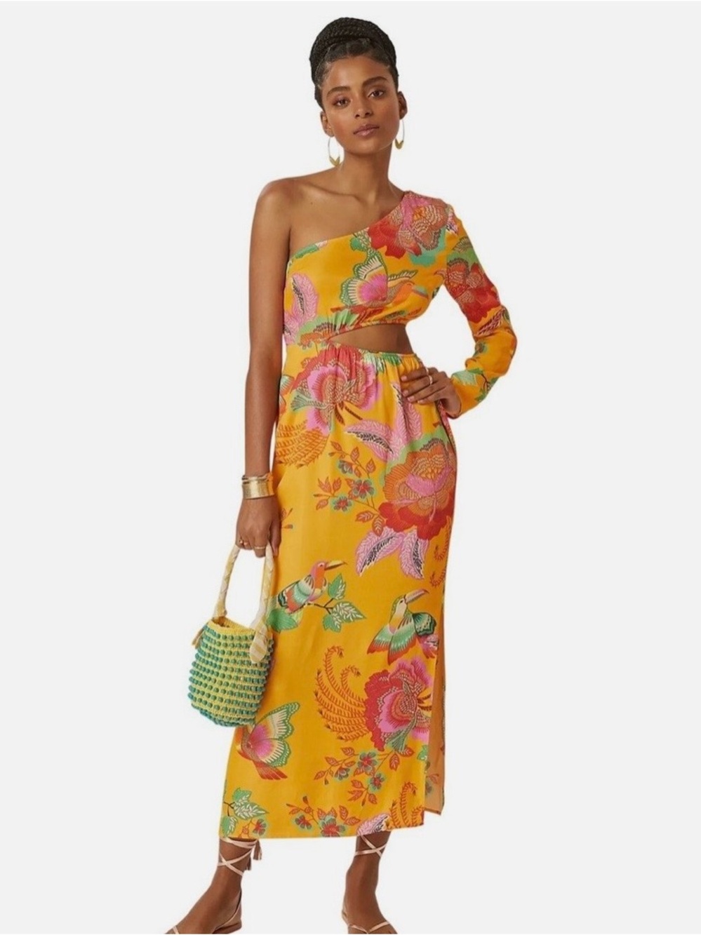 FARM Rio Yellow One-Shoulder Floral Cutout Maxi Dress
